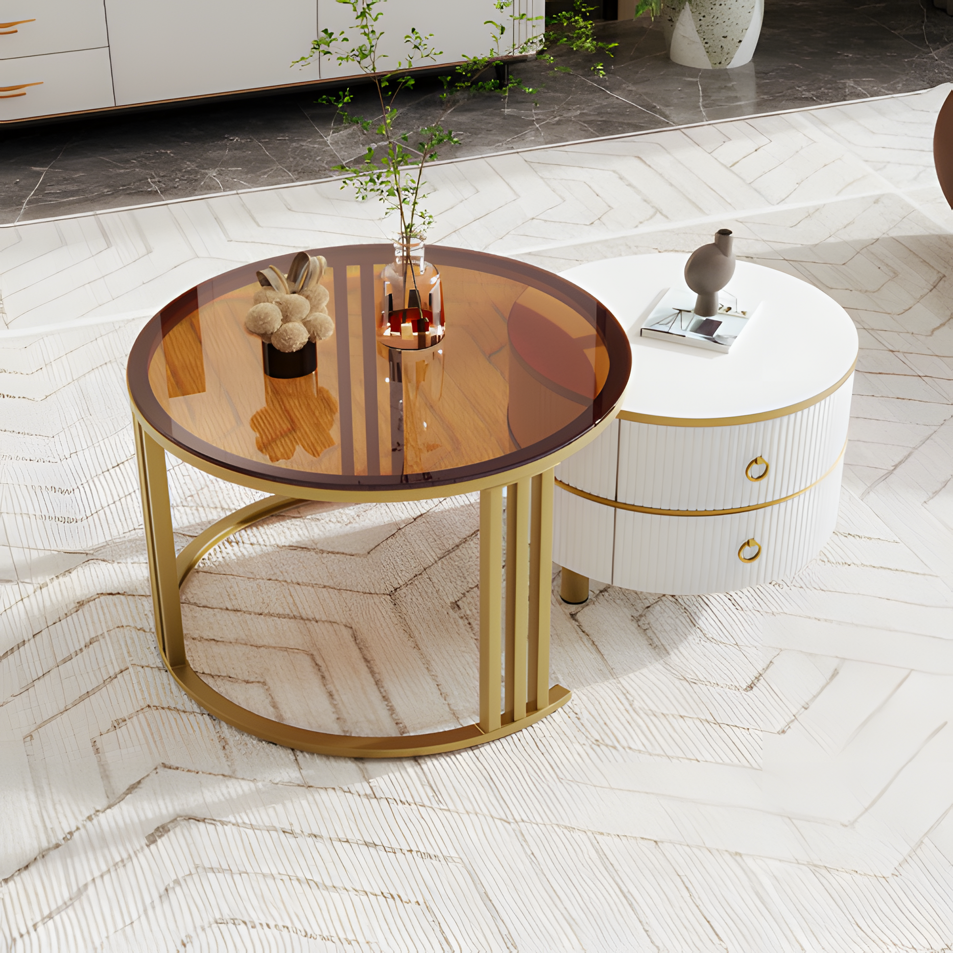 „DUOTABLE“ – 2-in-1 Couchtisch-Set in Hochglanz & Glasoptik