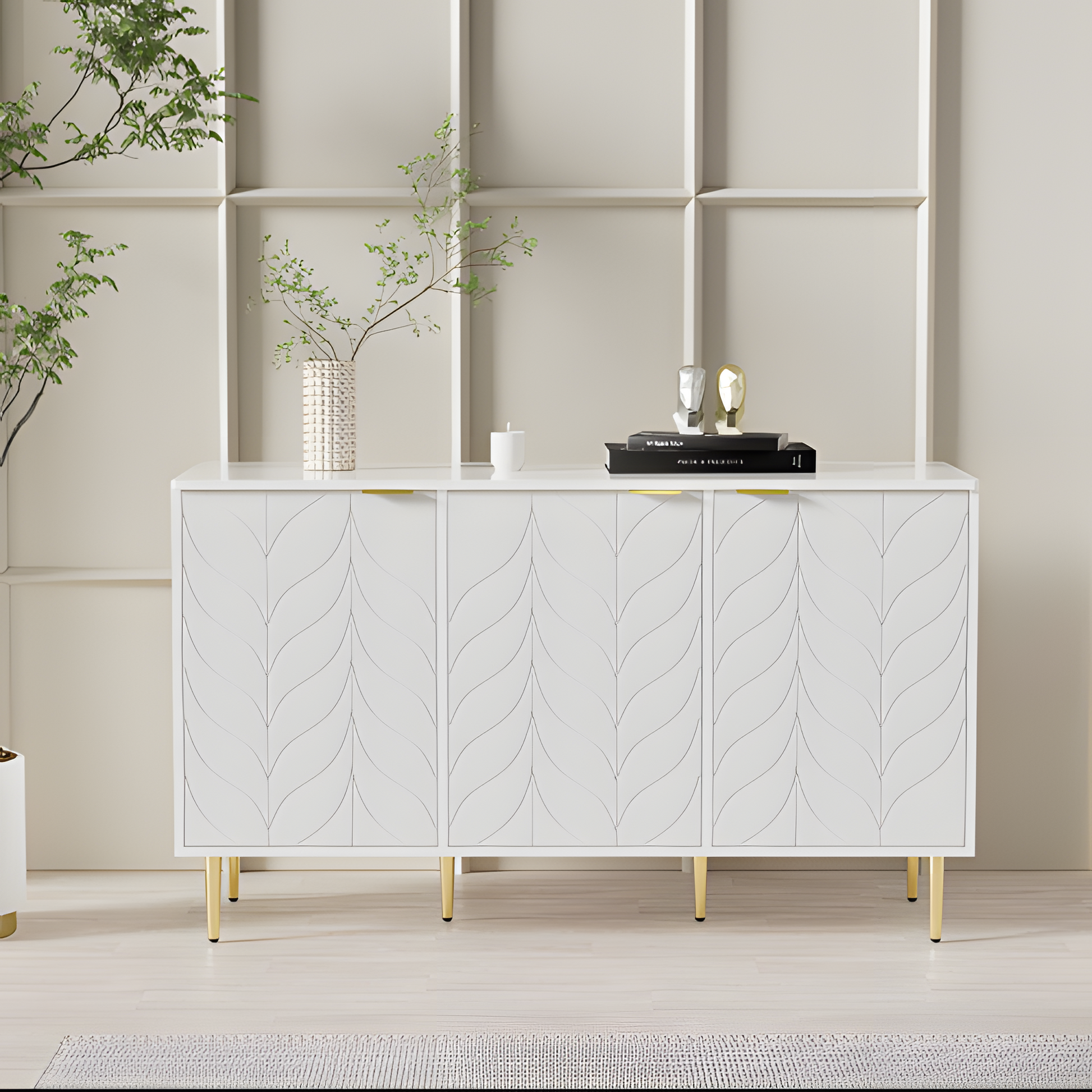 Sideboard Liora – Weiß mit Goldakzenten & Blumenmuster | 127 × 45 × 75 cm