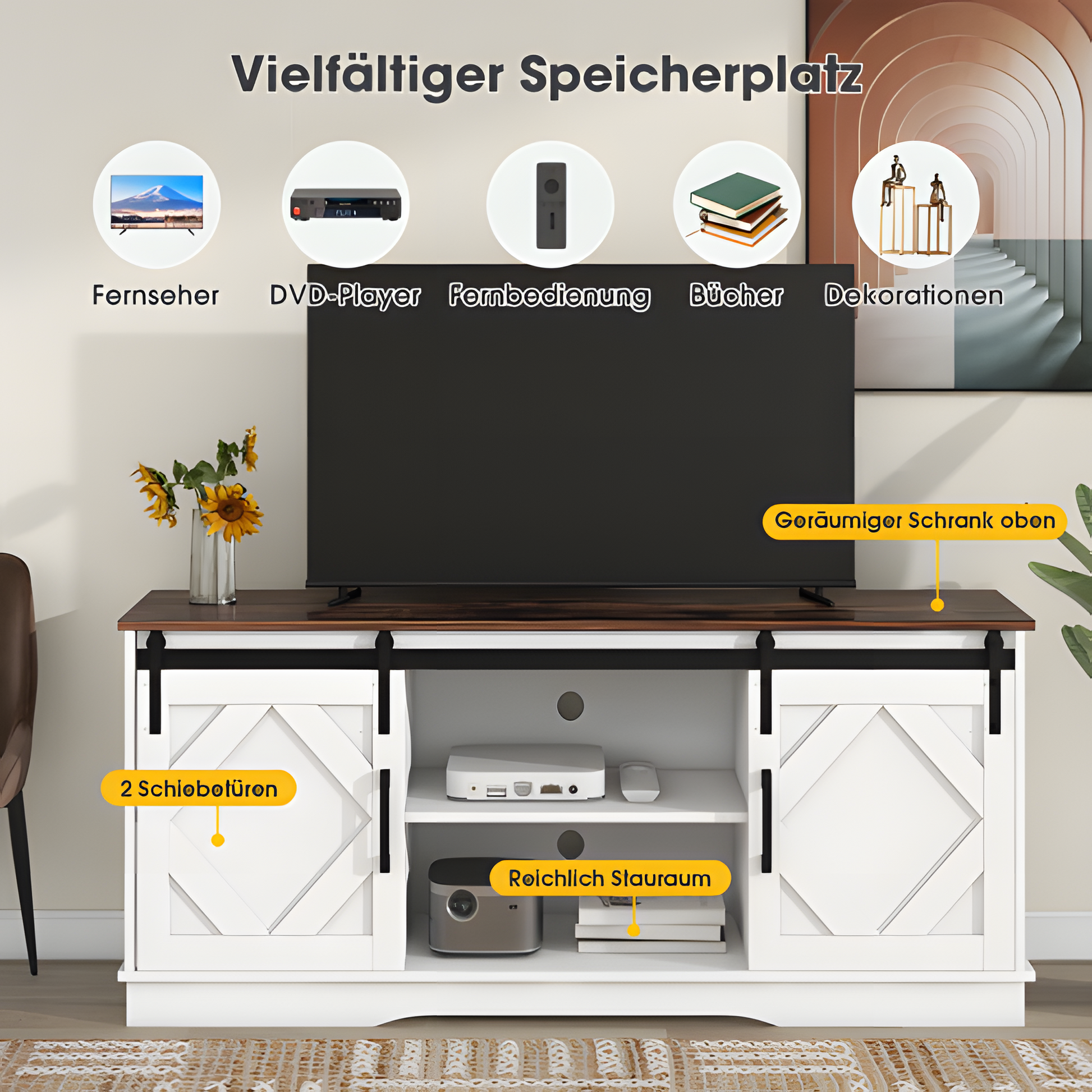 TV-Schrank „FARMSTYLE“ – mit Schiebetüren, verstellbaren Regalen & Landhausdesign