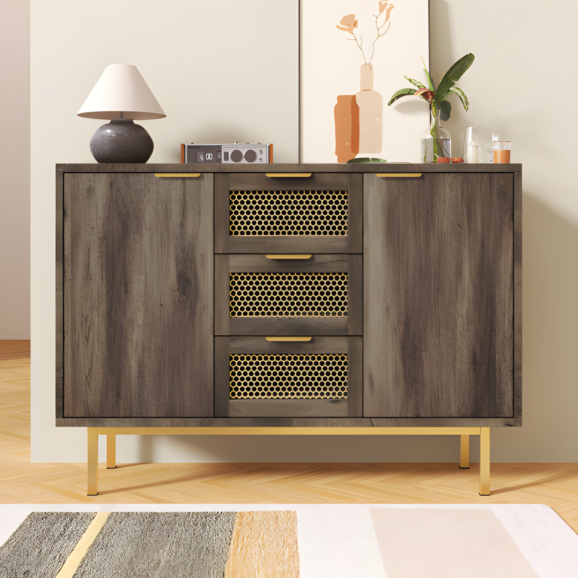 Sideboard „Ravena“ – 120 cm Kommode in Dunkelbraun mit Metallakzenten