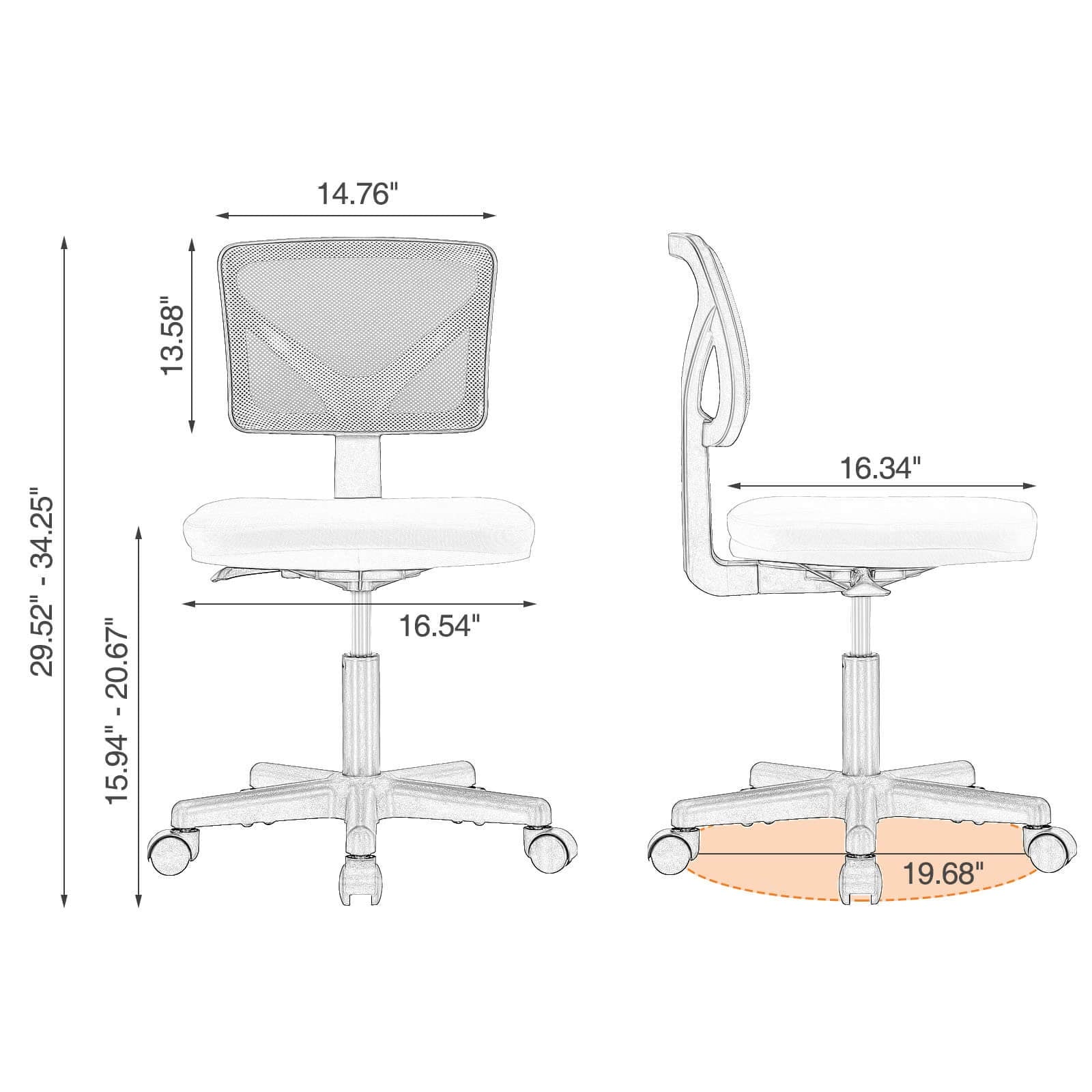 "SOLUNA" – Ergonomischer Drehstuhl ohne Armlehnen (Gelb, Orange, Blau)
