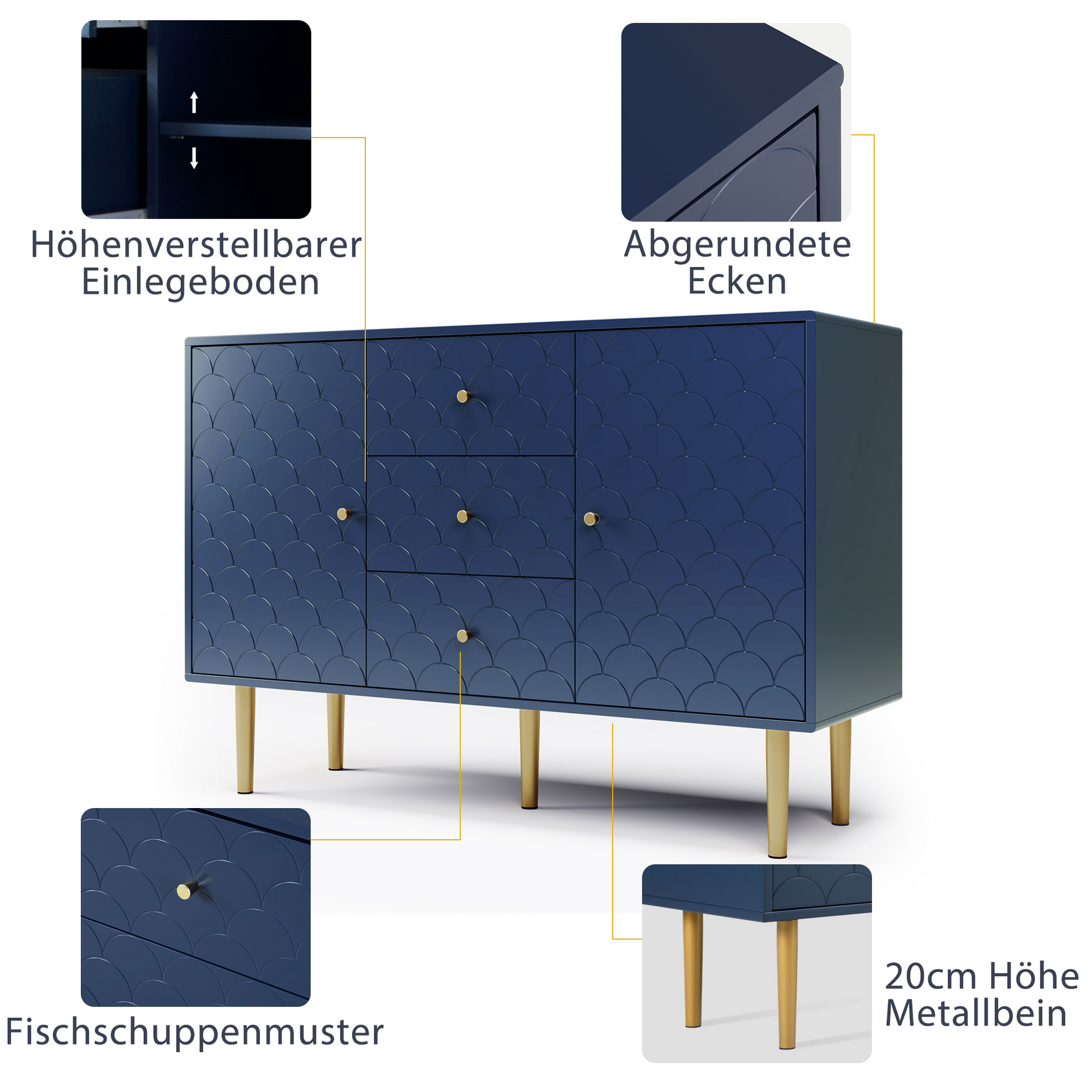 🌊 MARINA – Kommode mit Fischschuppenmuster (120×40×82 cm)