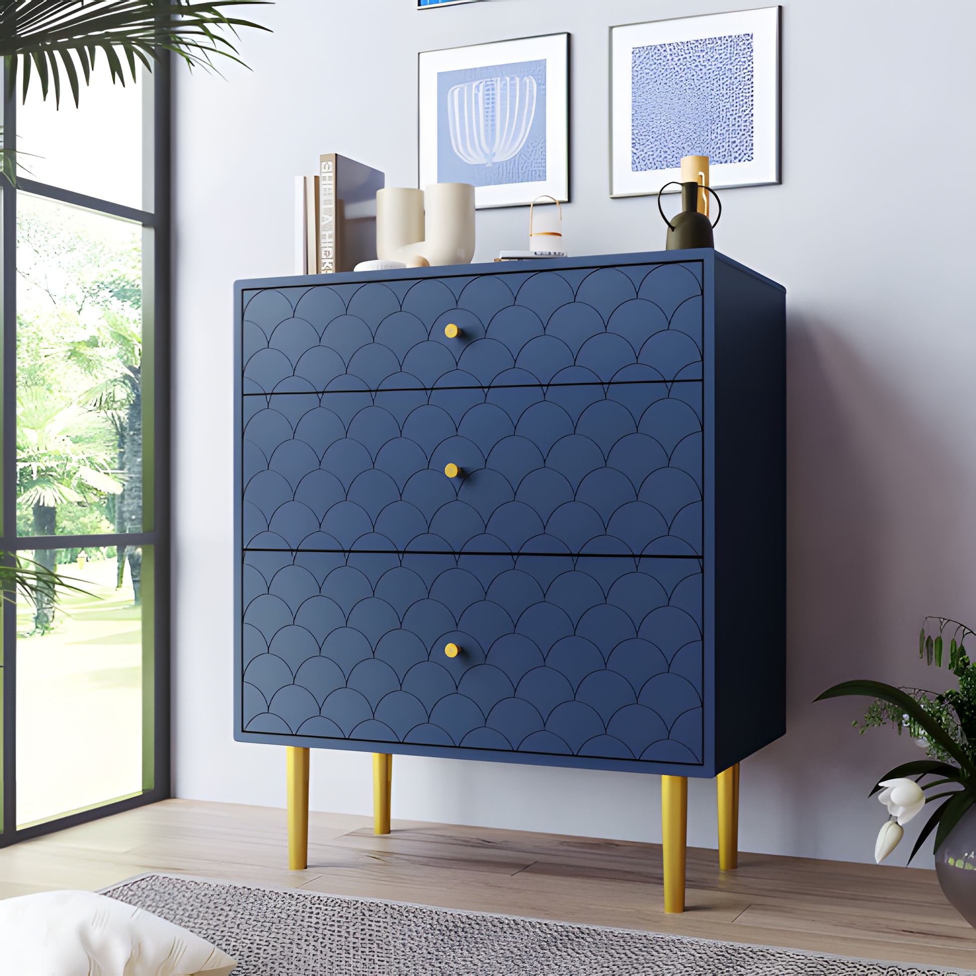 Schubladenkommode „Marina“ – Marineblau mit Fischschuppenstruktur | 89 × 75 × 40 cm