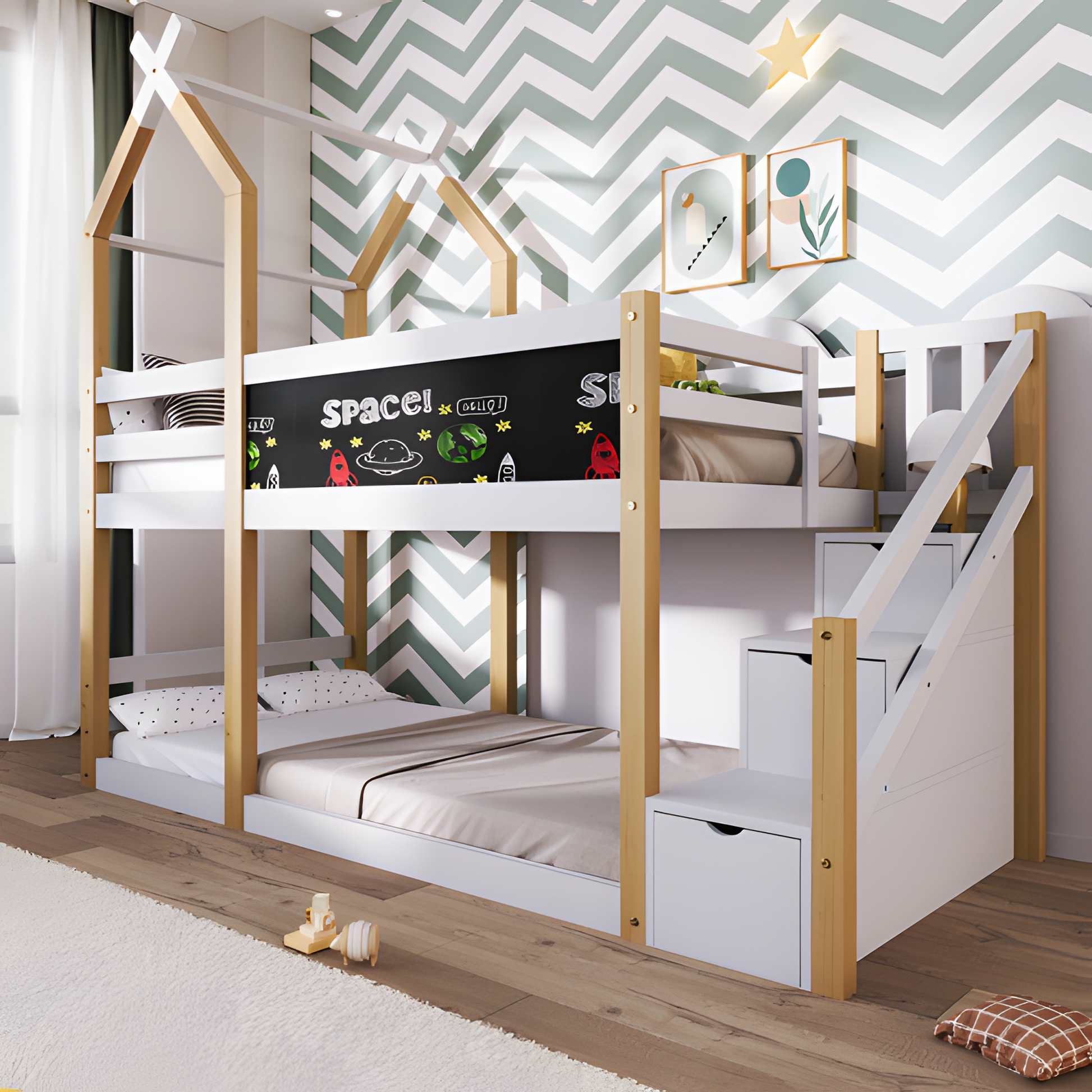 Kinderbett „LUNO“ – Baumhaus-Hochbett mit Tafel & Stauraum 🌳