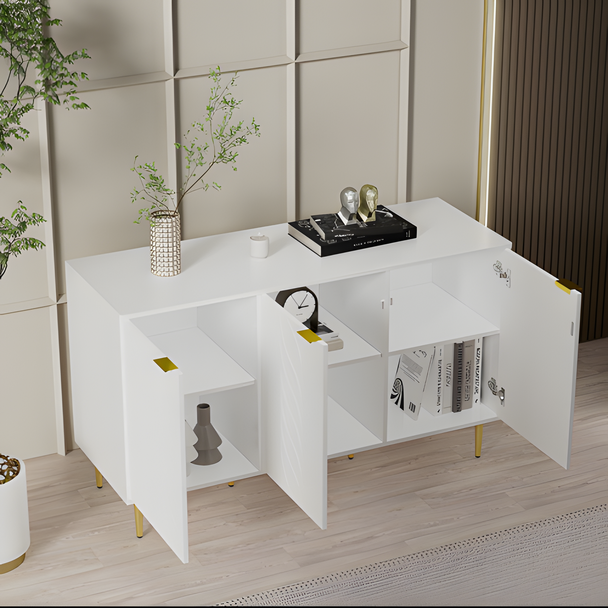 Sideboard Liora – Weiß mit Goldakzenten & Blumenmuster | 127 × 45 × 75 cm