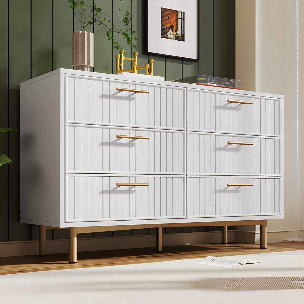 „LUXORA SIX“ – Moderne Kommode mit 6 Schubladen in Weiß und Gold, 120 × 75 × 40 cm