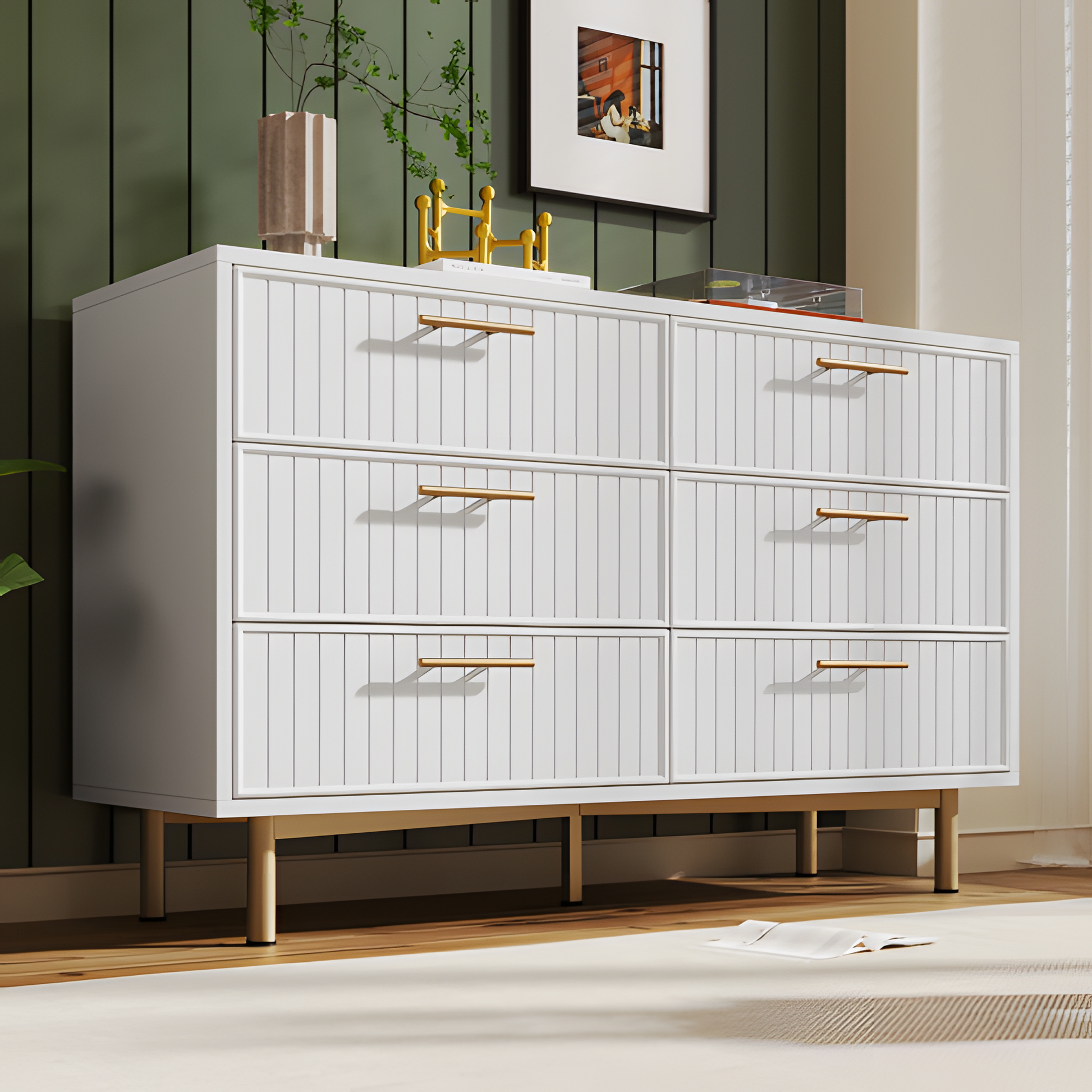 „LUXORA SIX“ – Moderne Kommode mit 6 Schubladen in Weiß und Gold, 120 × 75 × 40 cm