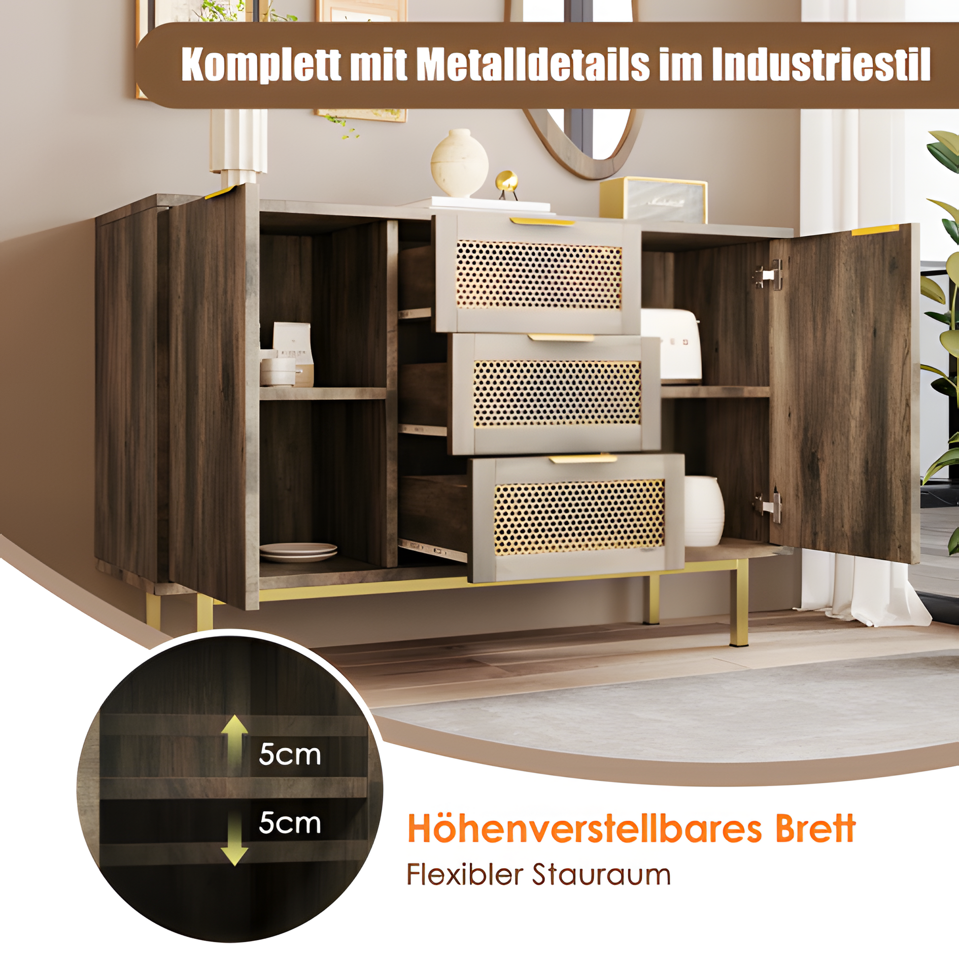 Sideboard „Ravena“ – 120 cm Kommode in Dunkelbraun mit Metallakzenten
