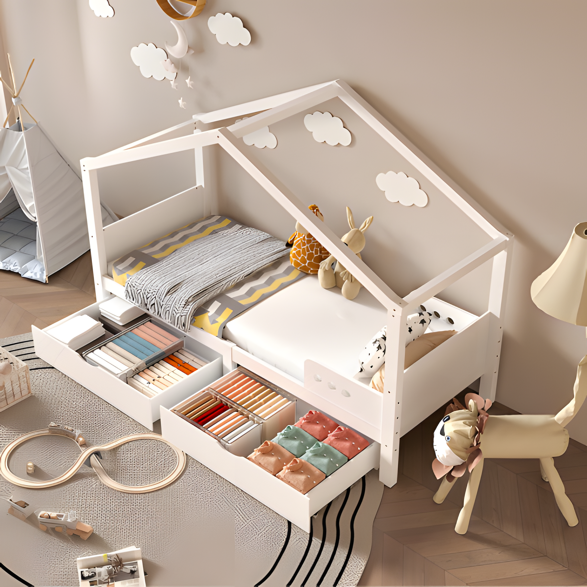 🛏️ "LITTLE HAVEN" Kinderbett mit Doppelschublade & Dachrahmen – 90x200 cm, Massivholzholz