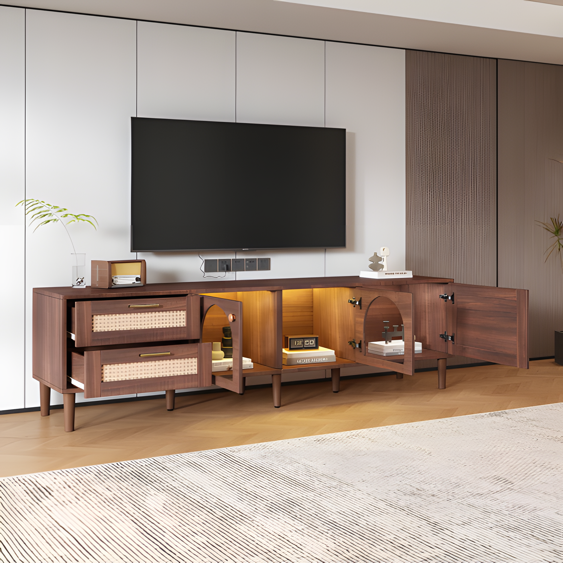 TV-Schrank „RattanLux“ – 180 cm, LED, Rattan & Glas | Für Fernseher bis 80 Zoll