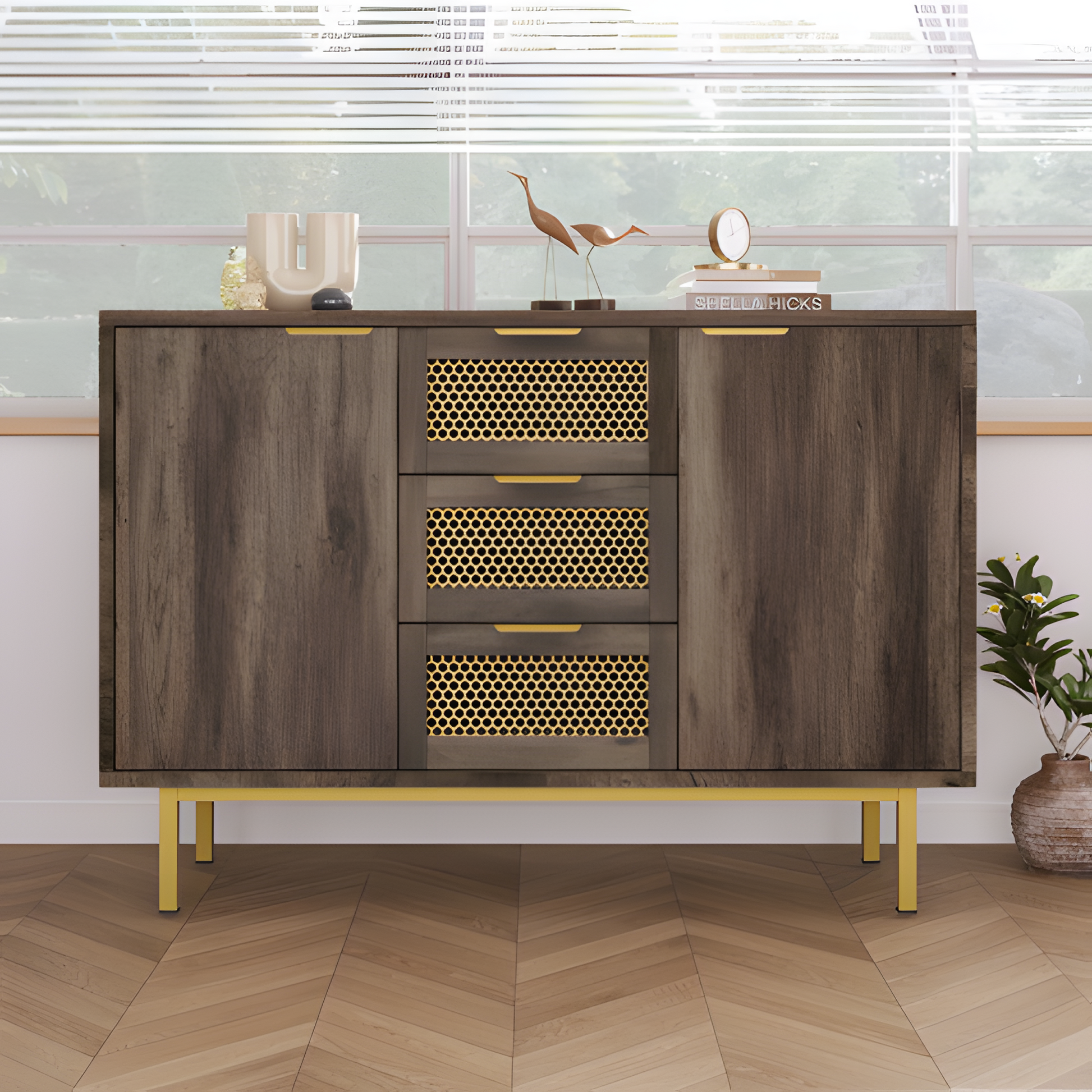 Sideboard „Ravena“ – 120 cm Kommode in Dunkelbraun mit Metallakzenten