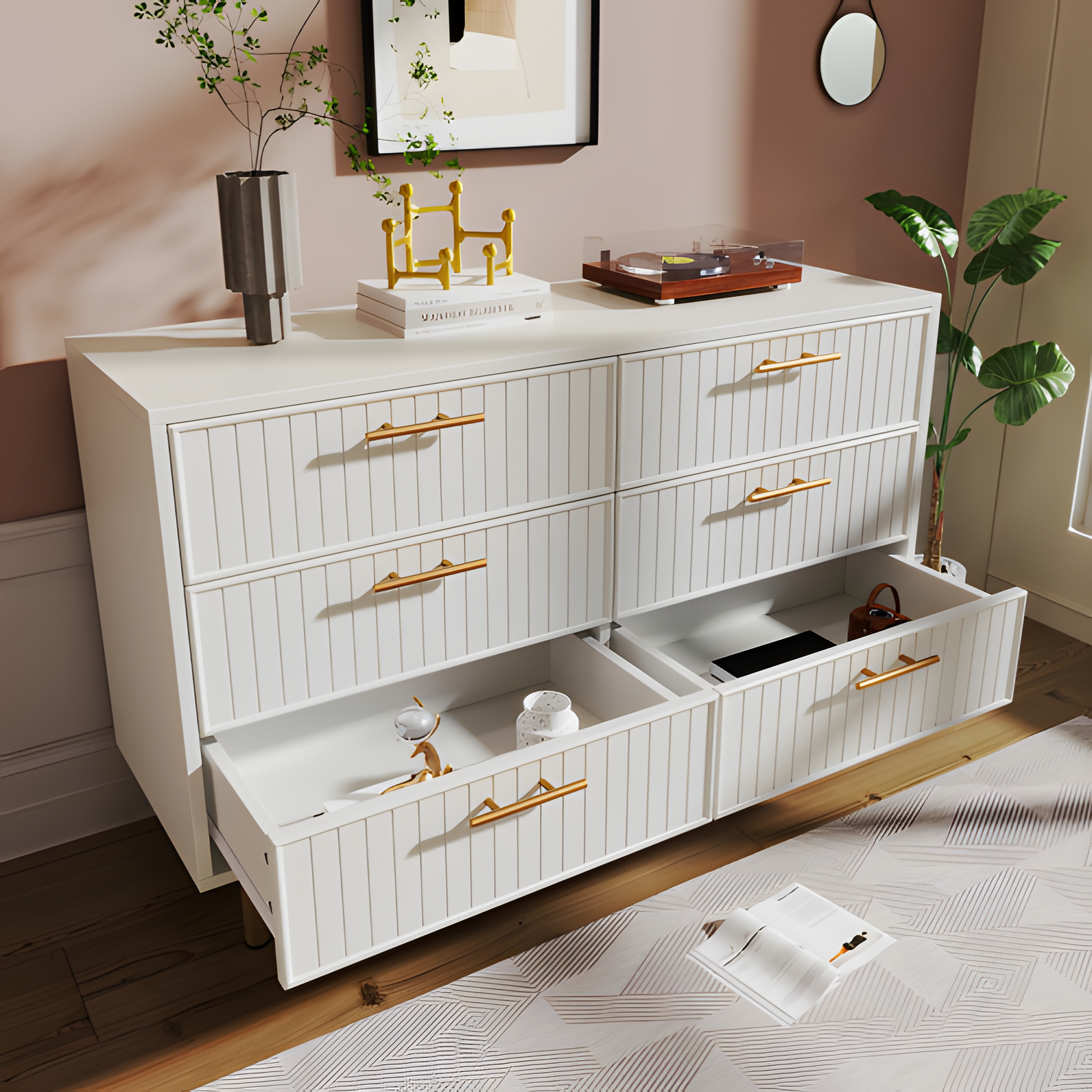 „LUXORA SIX“ – Moderne Kommode mit 6 Schubladen in Weiß und Gold, 120 × 75 × 40 cm