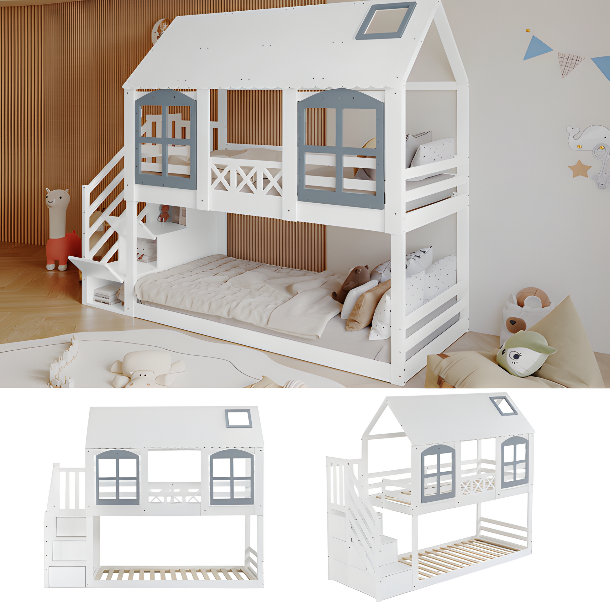 "KINDERTRAUM" Etagenbett mit Dach, Fenster & Stauraum – 90x200 cm in Weiß-Grau
