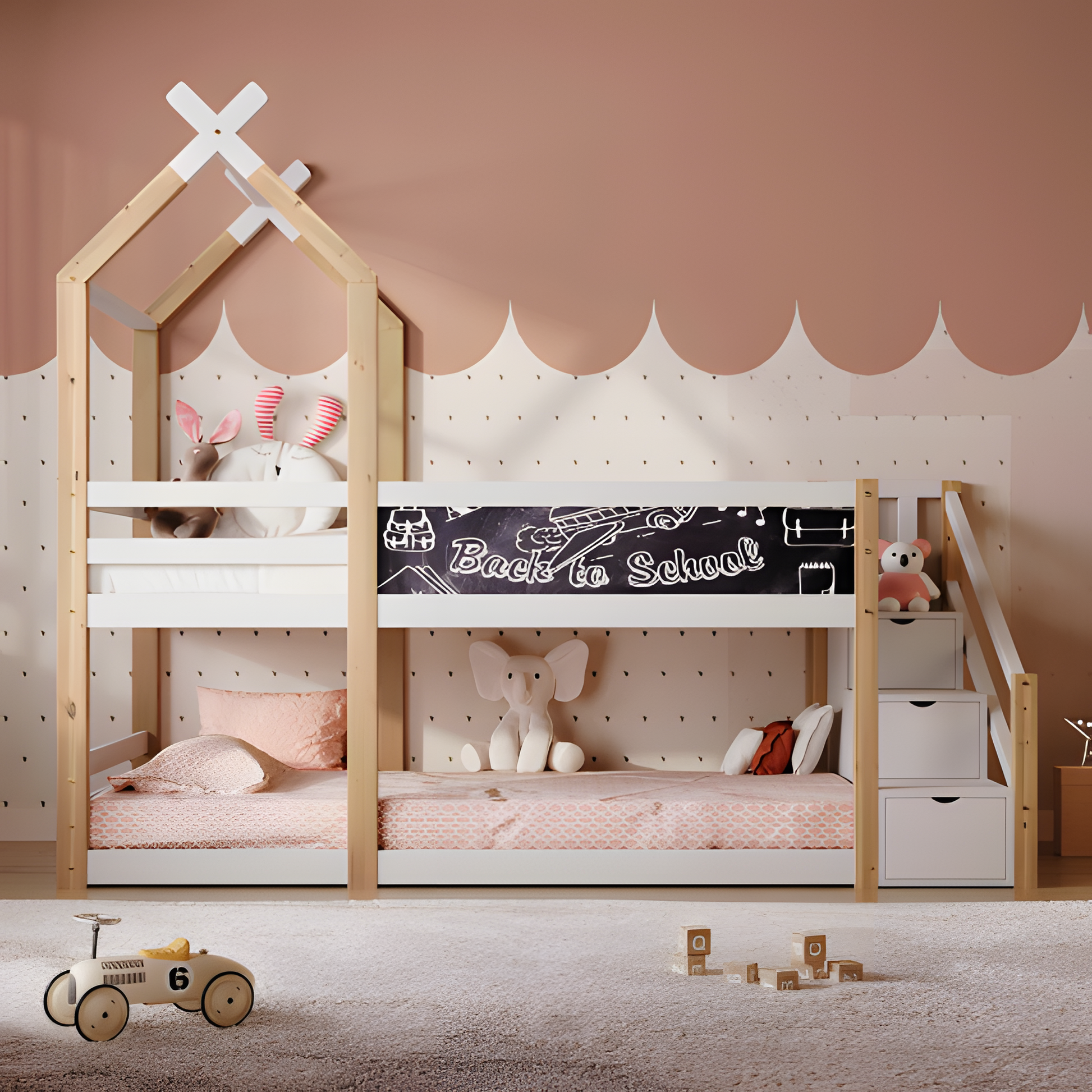 Kinderbett „LUNO“ – Baumhaus-Hochbett mit Tafel & Stauraum 🌳