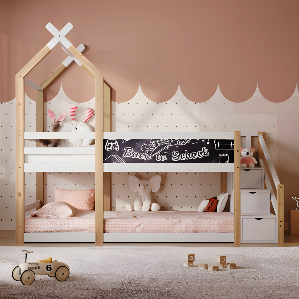 Kinderbett „LUNO“ – Baumhaus-Hochbett mit Tafel & Stauraum 🌳