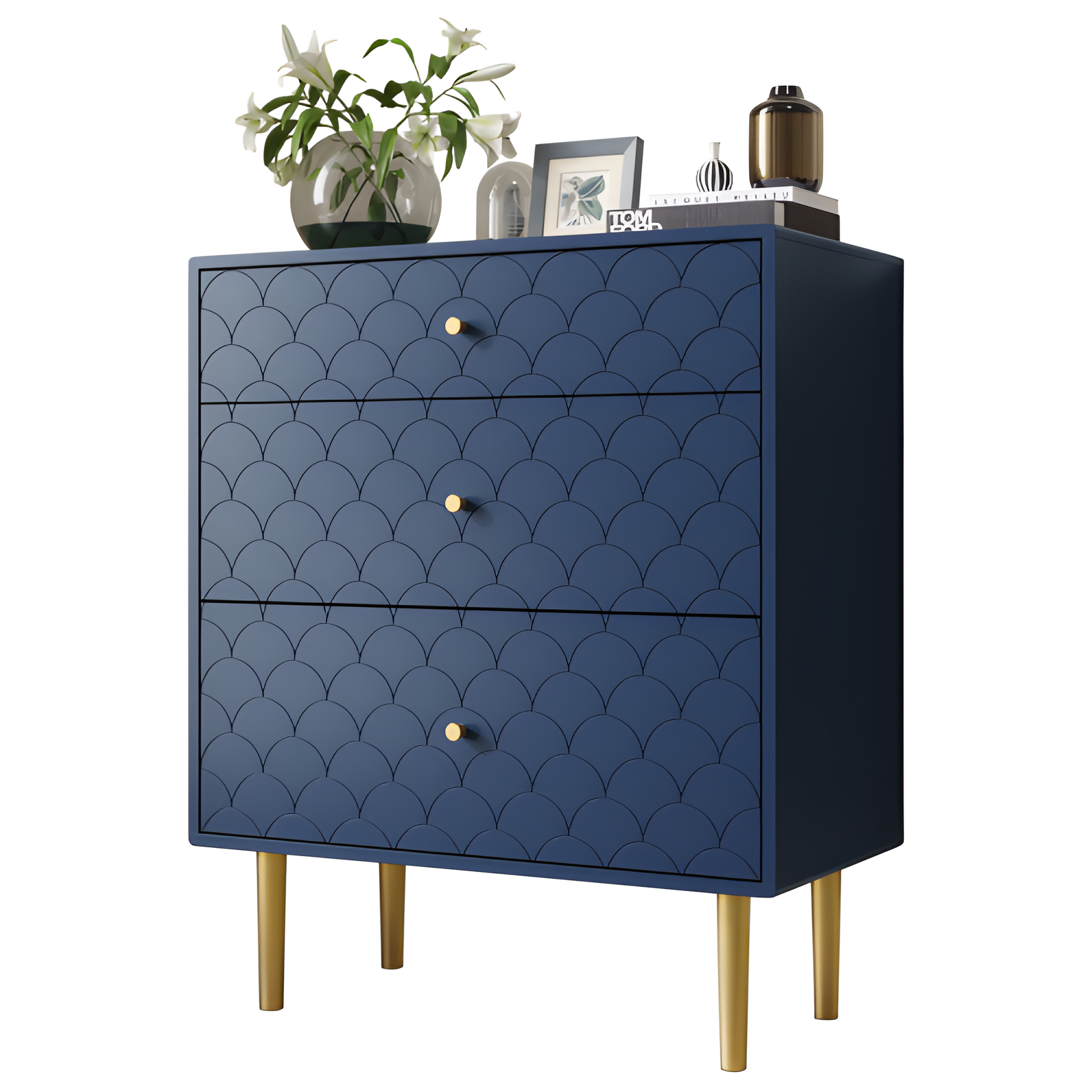 Schubladenkommode „Marina“ – Marineblau mit Fischschuppenstruktur | 89 × 75 × 40 cm