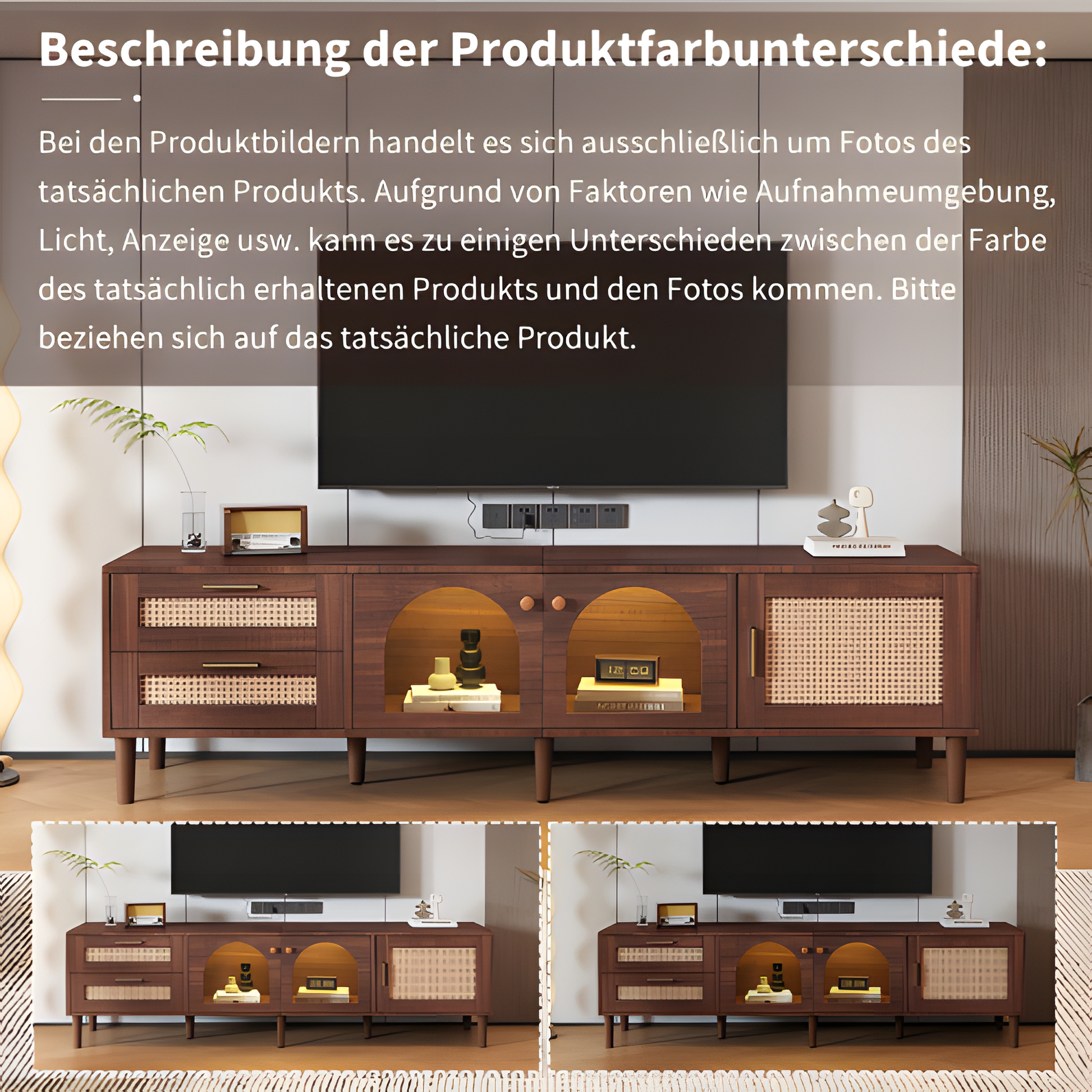 TV-Schrank „RattanLux“ – 180 cm, LED, Rattan & Glas | Für Fernseher bis 80 Zoll