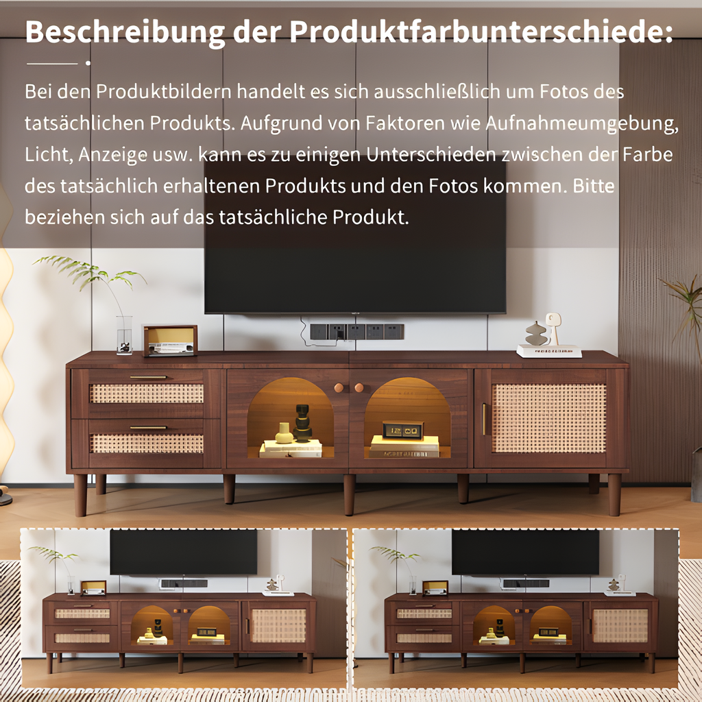 TV-Schrank „RattanLux“ – 180 cm, LED, Rattan & Glas | Für Fernseher bis 80 Zoll