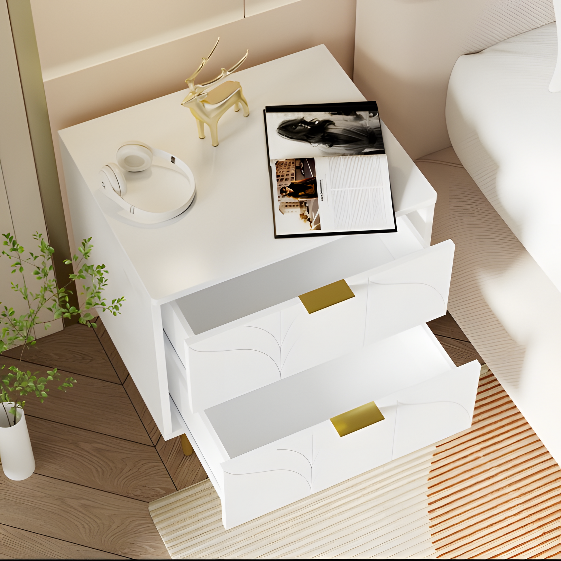 Nachttisch-Set „FLOREA“ – 2er-Set mit floraler Front &amp; Goldakzenten 🌸