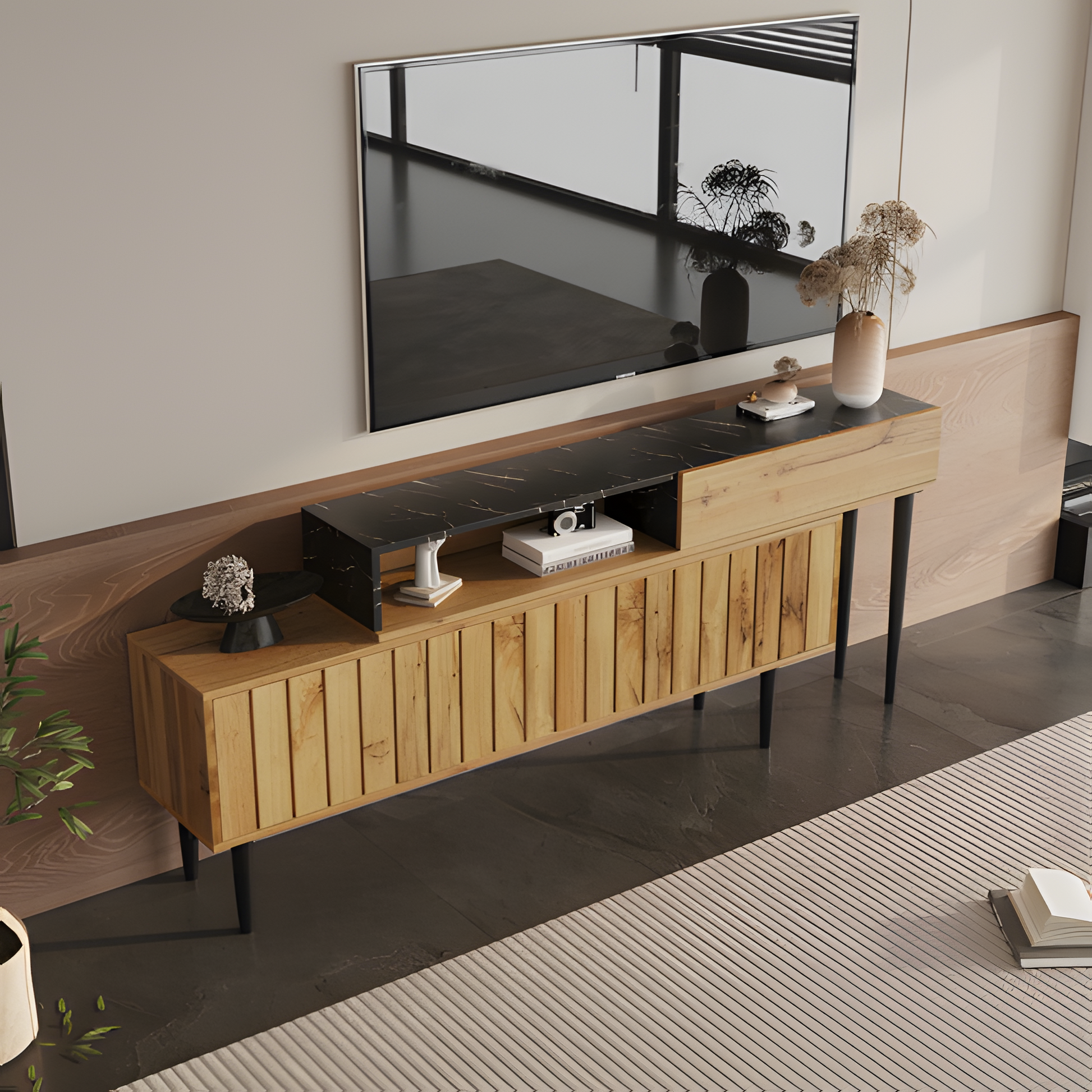 TV-Board „Moderno“ – 129 cm in Marmor-Holzoptik mit Eisenbeinen