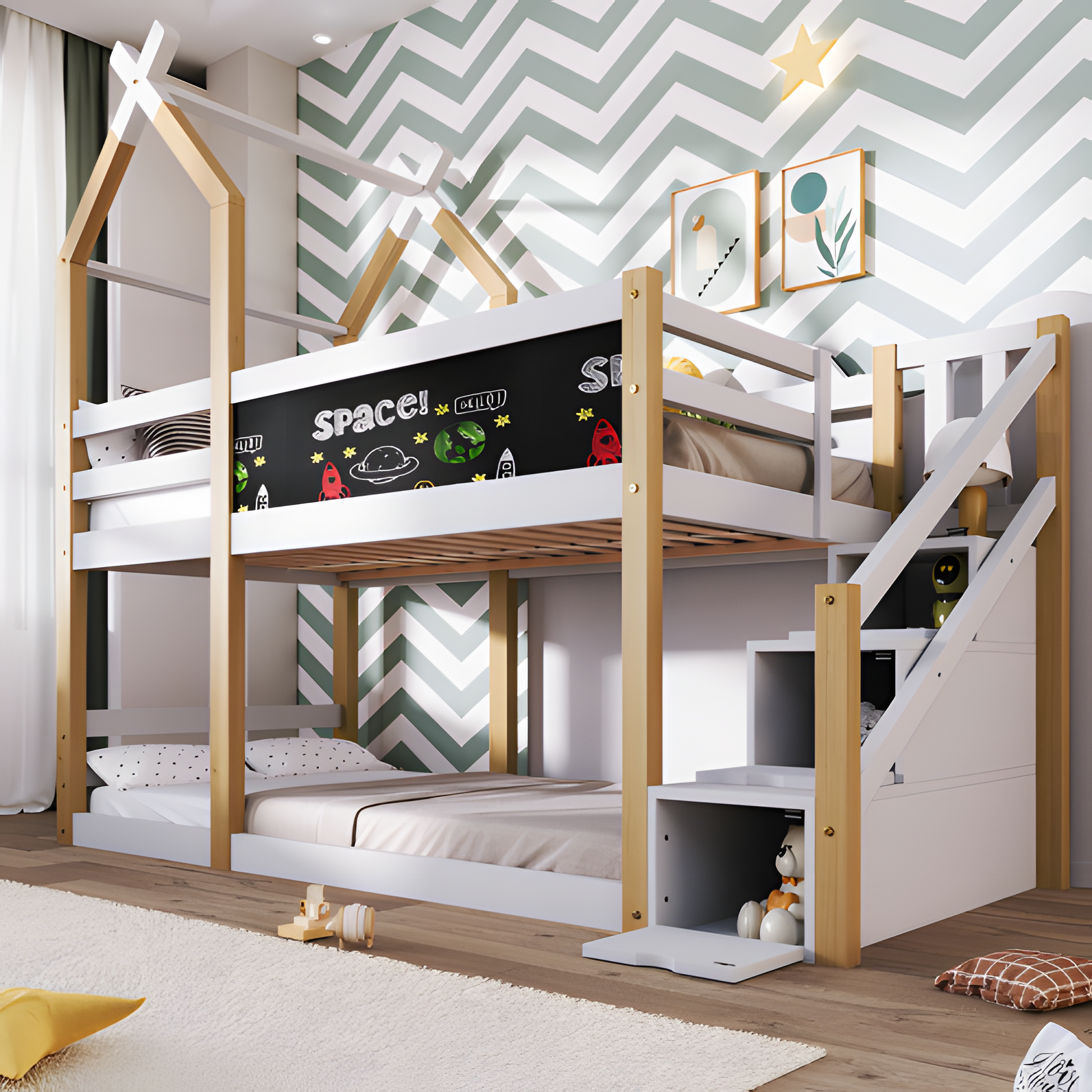 Kinderbett „LUNO“ – Baumhaus-Hochbett mit Tafel & Stauraum 🌳