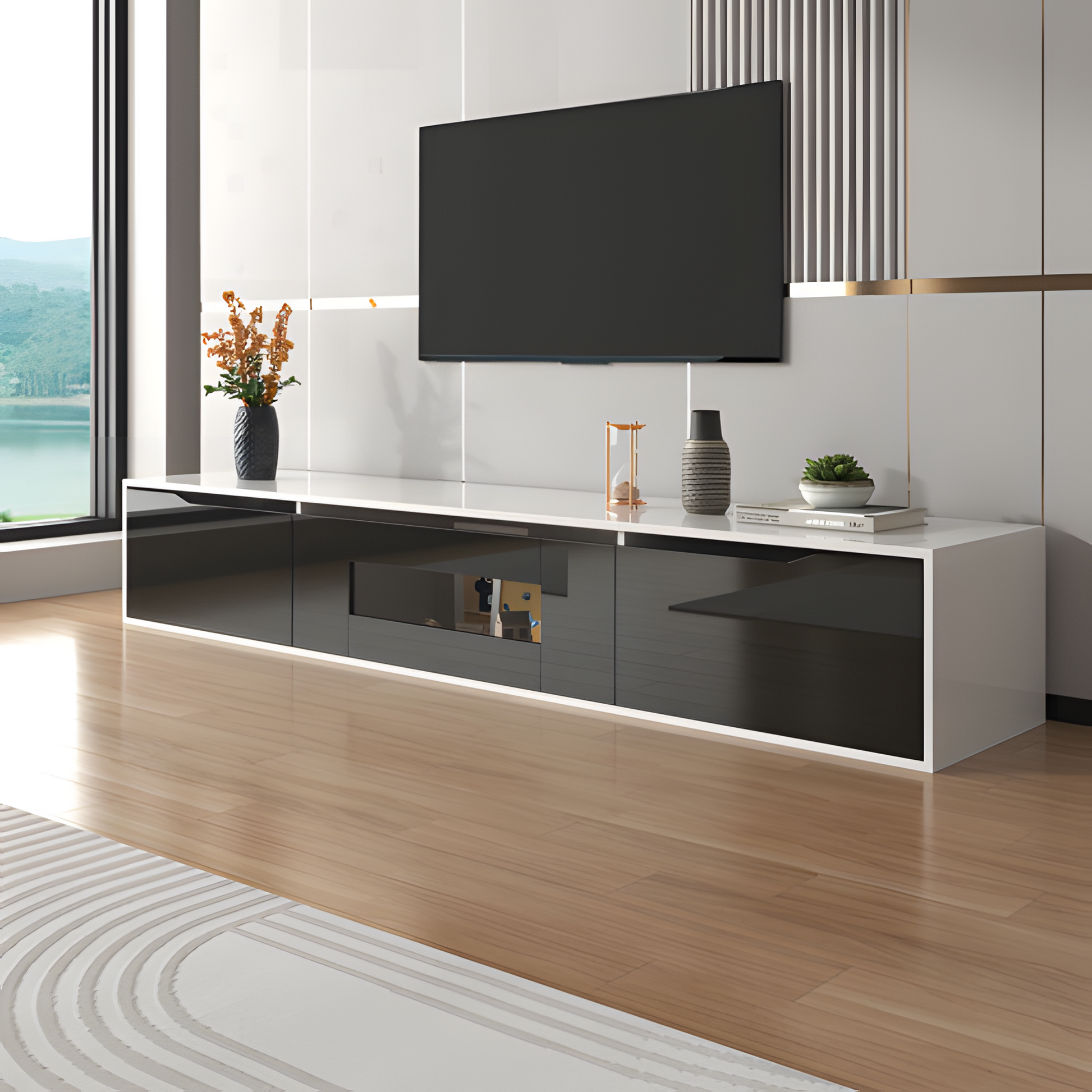 TV-Schrank „Lumino“ – Hochglanz in Schwarz-Weiß mit LED-Beleuchtung | 180 × 35 × 30 cm