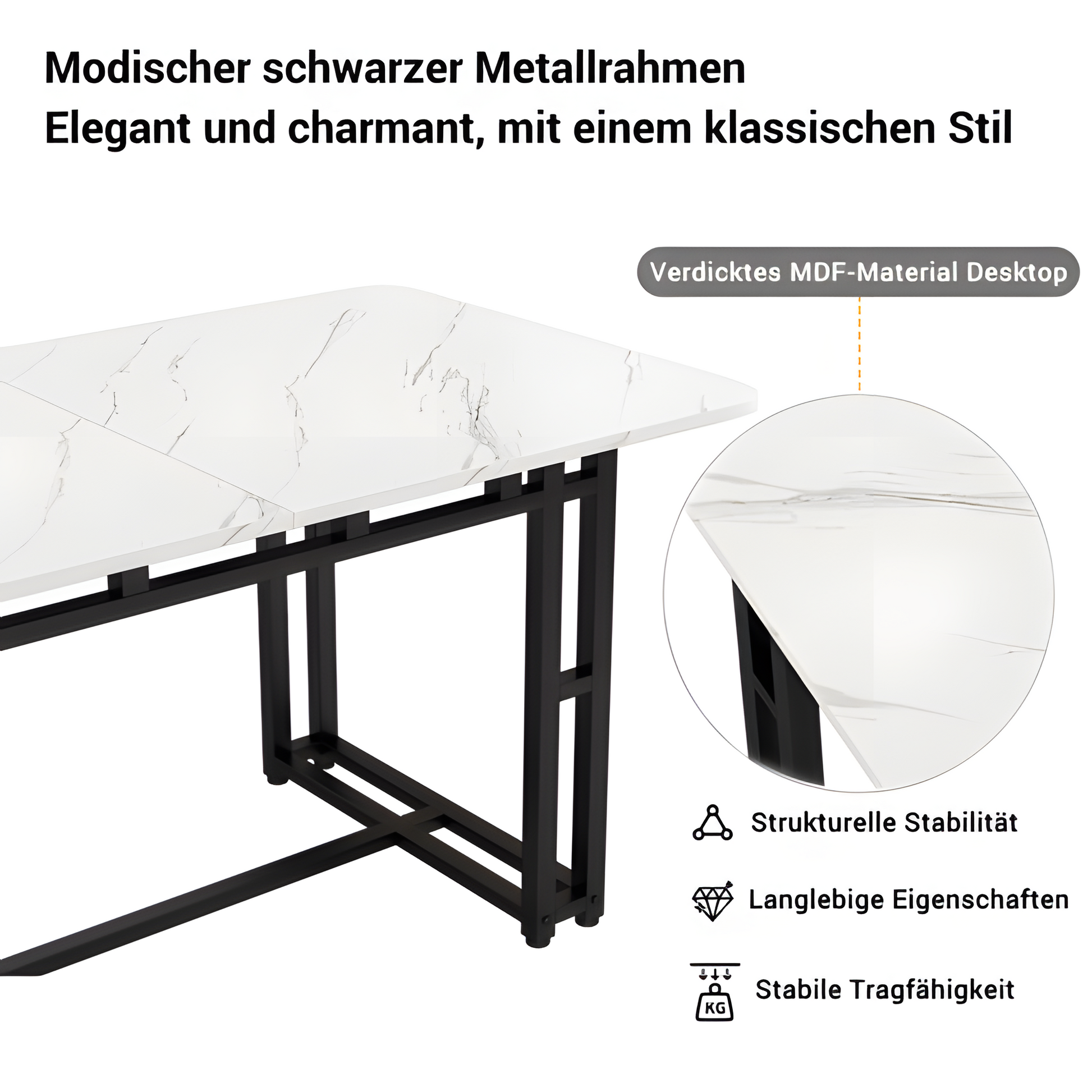 Esstisch „Luma“ – 120 × 70 cm in Weiß mit schwarzen Metallbeinen