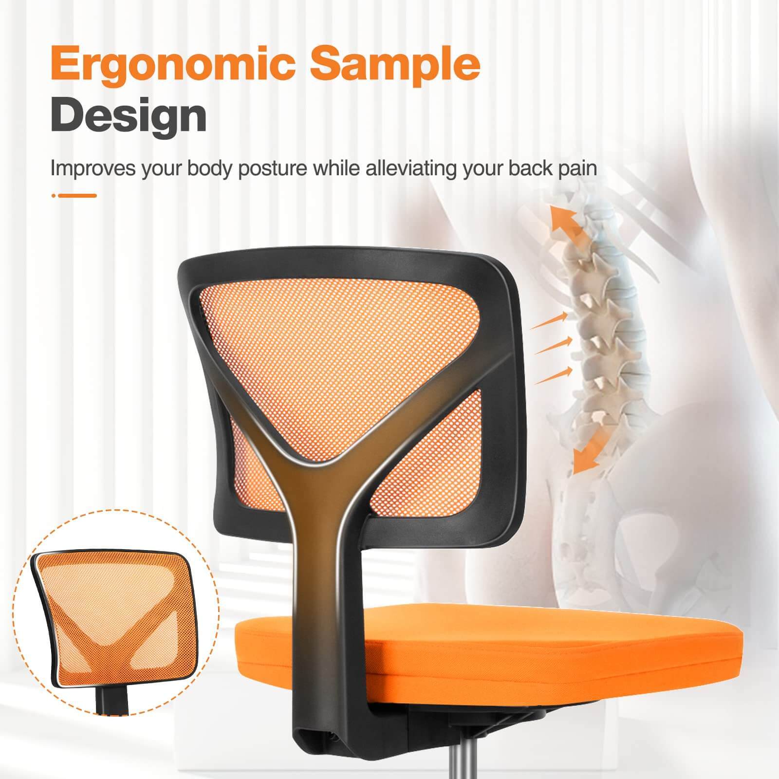 "SOLUNA" – Ergonomischer Drehstuhl ohne Armlehnen (Gelb, Orange, Blau)
