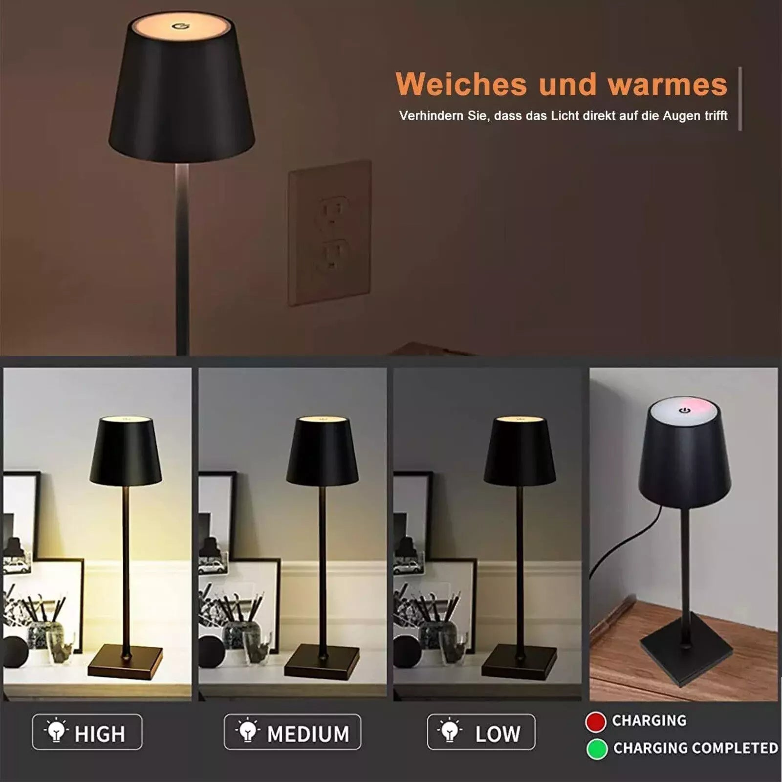 Tischlampe „LUXORA“ – Dimmbar, kabellos, stilvoll 🌙