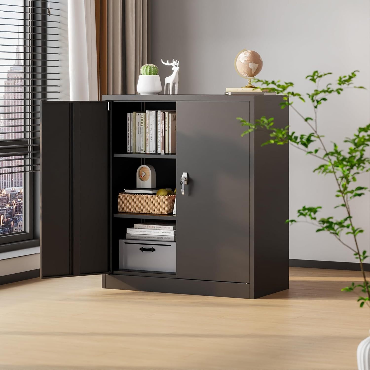 "SUPEER" – Metall-Aktenschrank mit 2 verstellbaren Einlegeböden (90 × 80 × 40 cm) – Schwarz oder Weiß