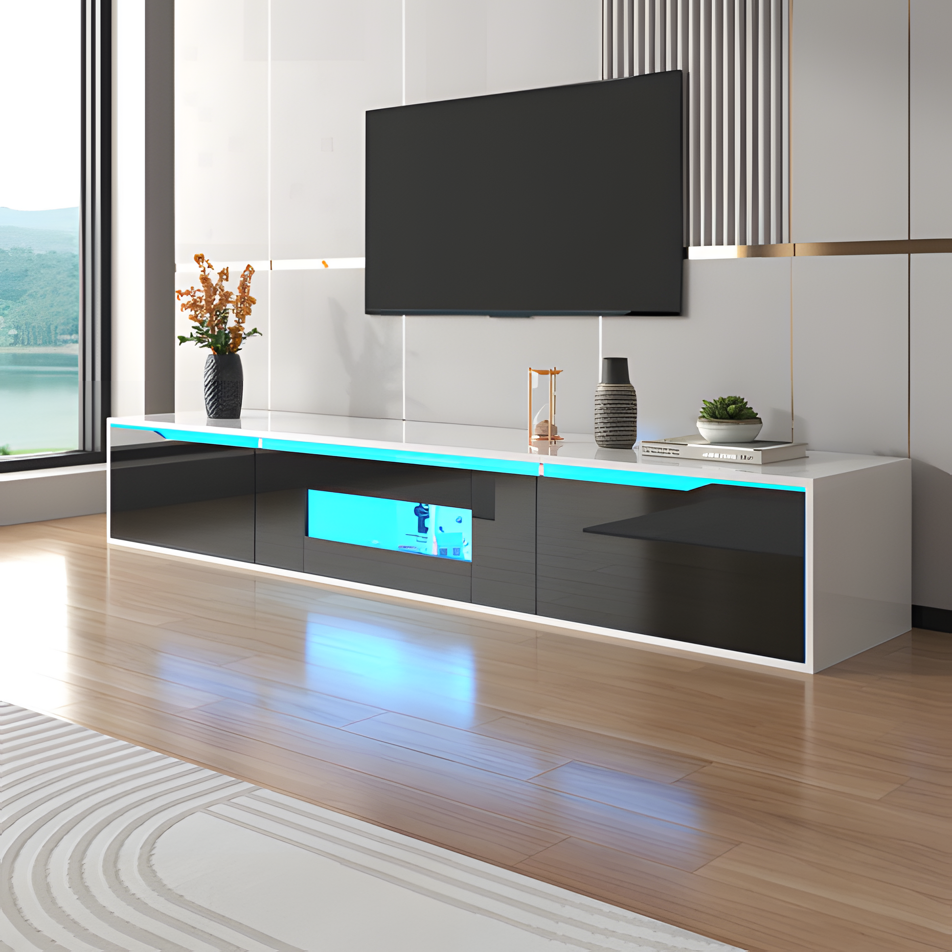 TV-Schrank „Lumino“ – Hochglanz in Schwarz-Weiß mit LED-Beleuchtung | 180 × 35 × 30 cm