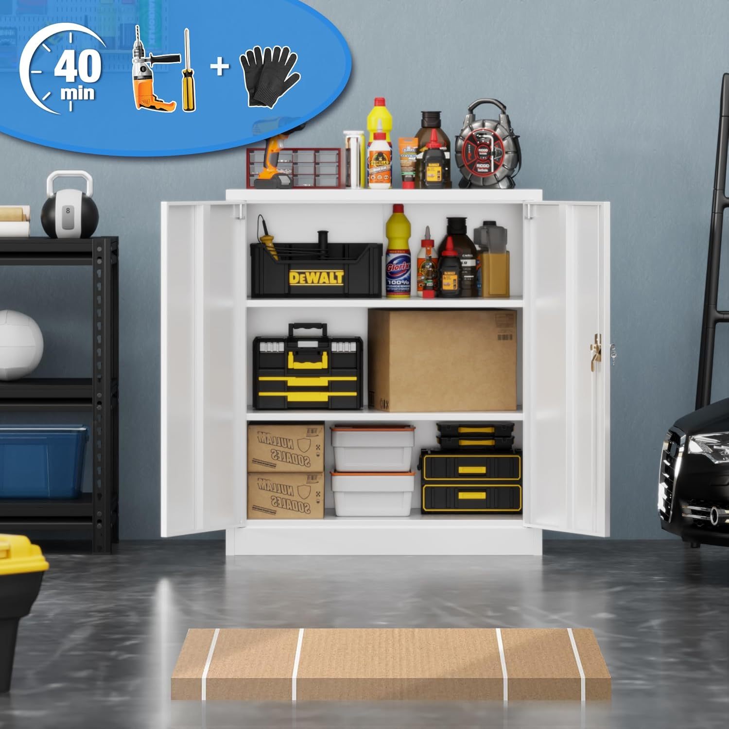 "SUPEER" – Metall-Aktenschrank mit 2 verstellbaren Einlegeböden (90 × 80 × 40 cm) – Schwarz oder Weiß