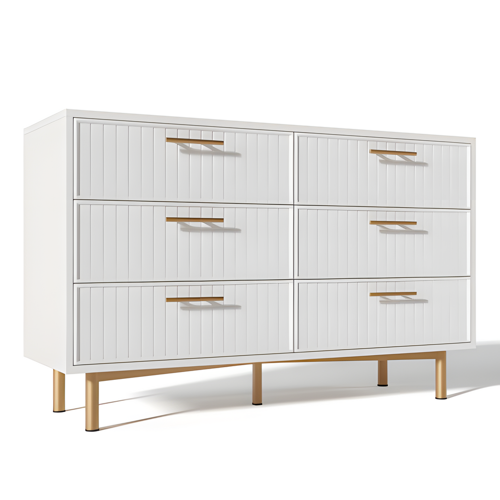 „LUXORA SIX“ – Moderne Kommode mit 6 Schubladen in Weiß und Gold, 120 × 75 × 40 cm
