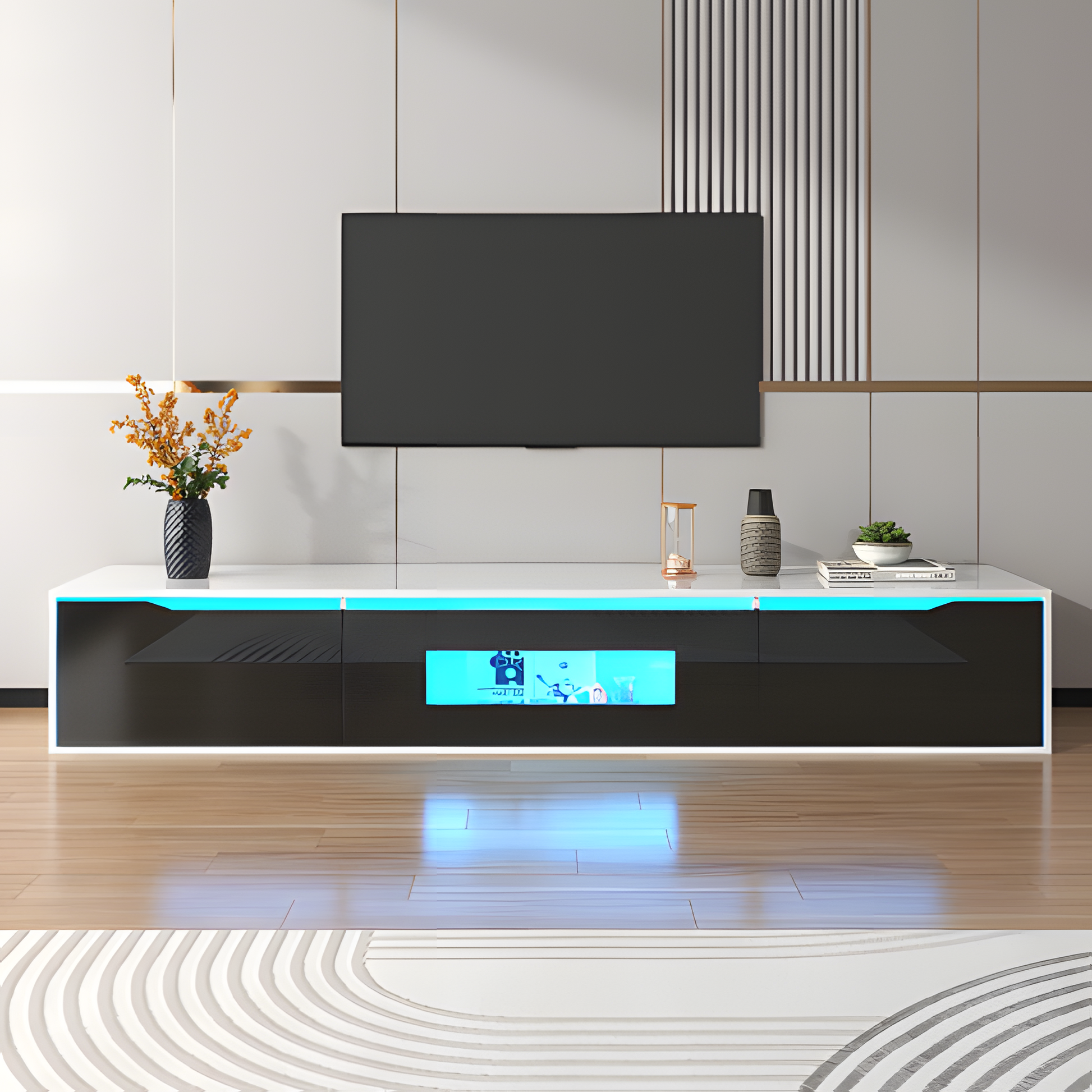 TV-Schrank „Lumino“ – Hochglanz in Schwarz-Weiß mit LED-Beleuchtung | 180 × 35 × 30 cm