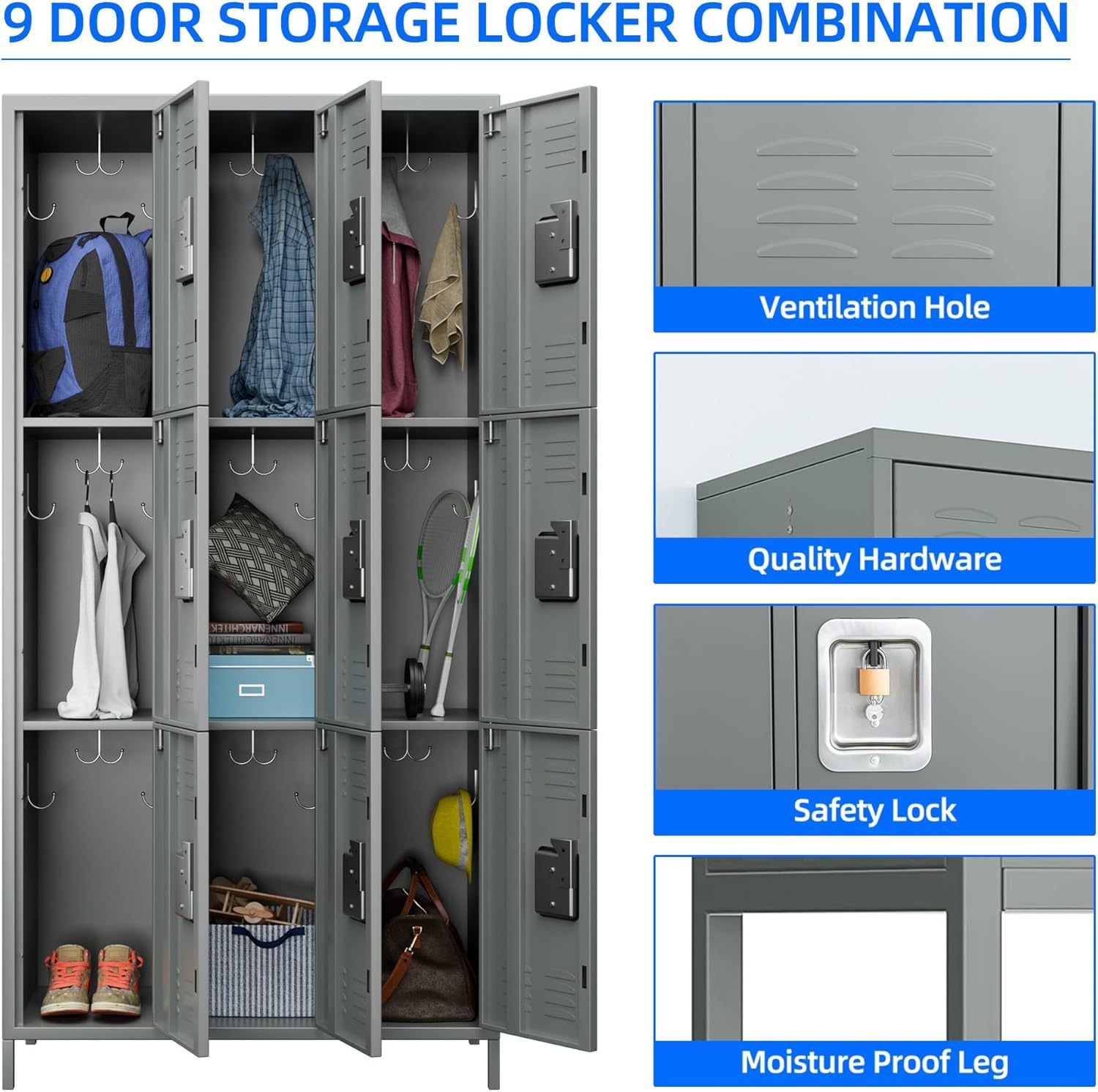 "SUPEER" – Metall-Aktenschrank mit 9 Fächern in Hellgrau (90 × 40 × 183 cm)