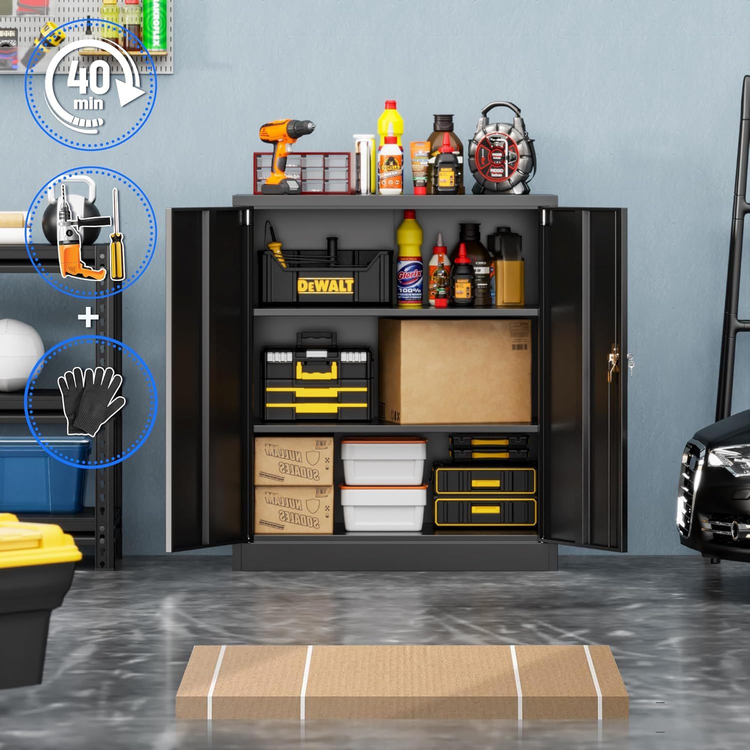 "SUPEER" – Metall-Aktenschrank mit 2 verstellbaren Einlegeböden (90 × 80 × 40 cm) – Schwarz oder Weiß